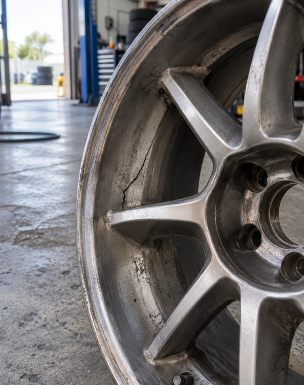 A structural crack in an alloy wheel rim — the kind of damage we repair