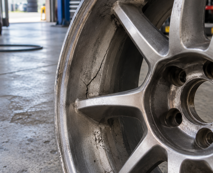 A structural crack in an alloy wheel rim — the kind of damage we repair