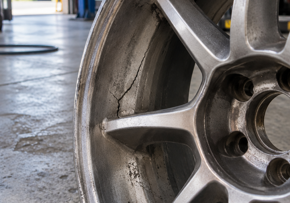 A structural crack in an alloy wheel rim — the kind of damage we repair