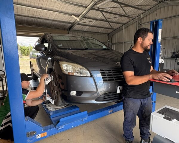 Wheel alignment being carried out on a car at Tyre Save Direct, Kerikeri
