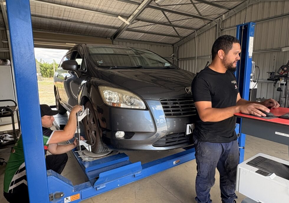 Wheel alignment being carried out on a car at Tyre Save Direct, Kerikeri