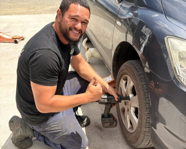 Wheel being removed with an impact wrench at Tyre Save Direct, Kerikeri