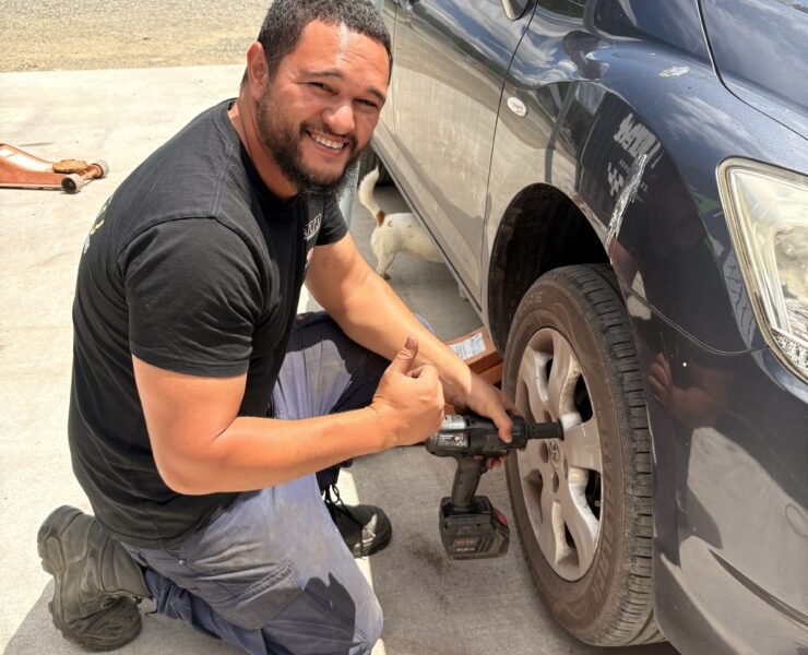 Wheel being removed with an impact wrench at Tyre Save Direct, Kerikeri