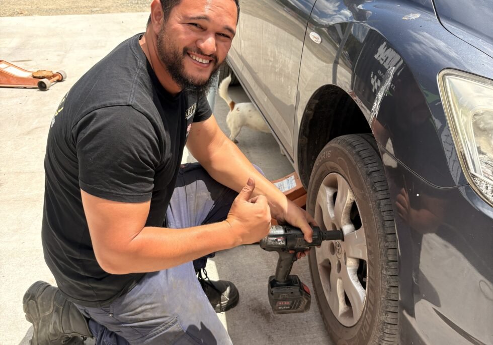 Wheel being removed with an impact wrench at Tyre Save Direct, Kerikeri